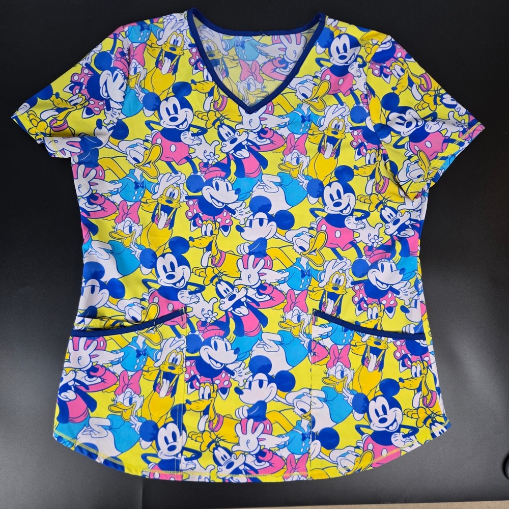 Disney Mickey Mouse & Friends V-Neck Scrub Top Yellow Women L Short Sleeve
